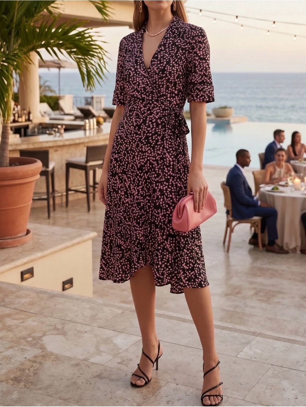 GANNI Dress Ditsy Floral Black Pink Crepe Wrap Side Tie V Neck Sz EU 40 US 8/10